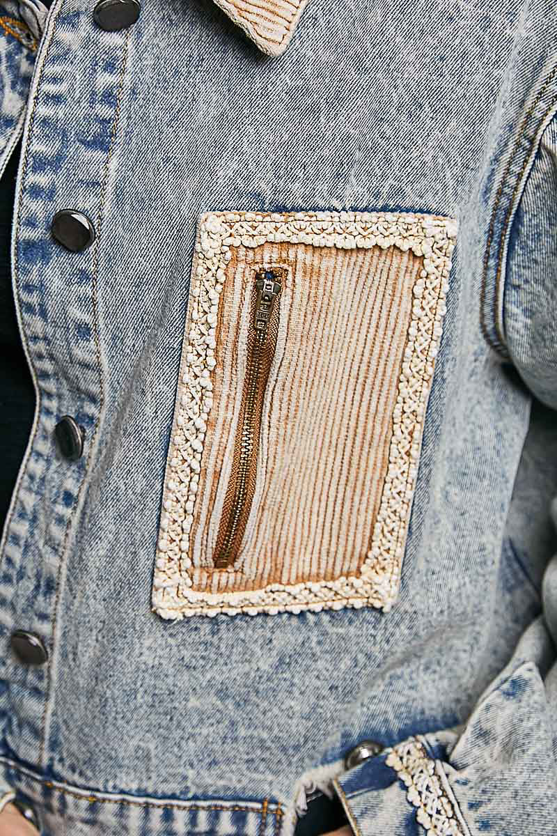 Corduroy Collar Lace Trim Denim Jacket Denim