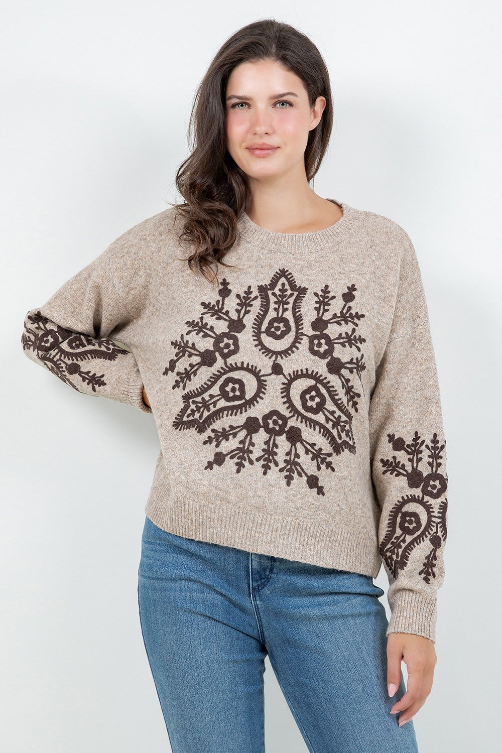 Floral Medallion Knit Sweater Mocha