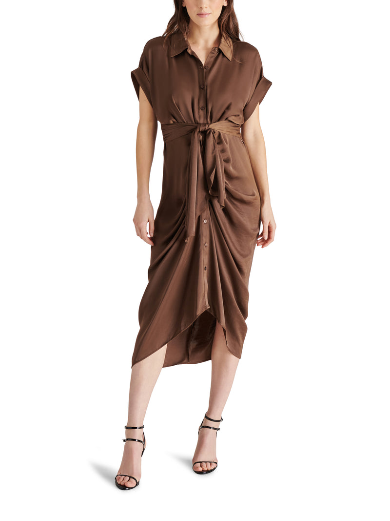 Tori Tie Front Washed Satin Midi Dress Cocoa