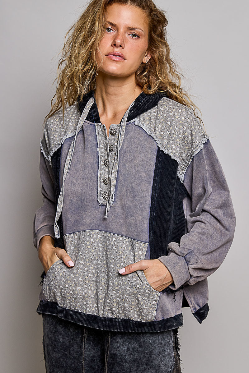 Vintage French Terry Mix Panel Hoodie Iron Grey