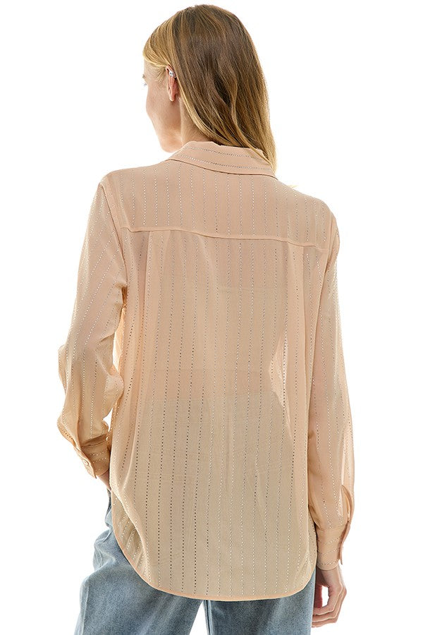 Crystal Pinstripe Button Down Shirt Nude