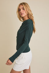 Draped Asymmetric Neckline Long Sleeve Top Dark Green