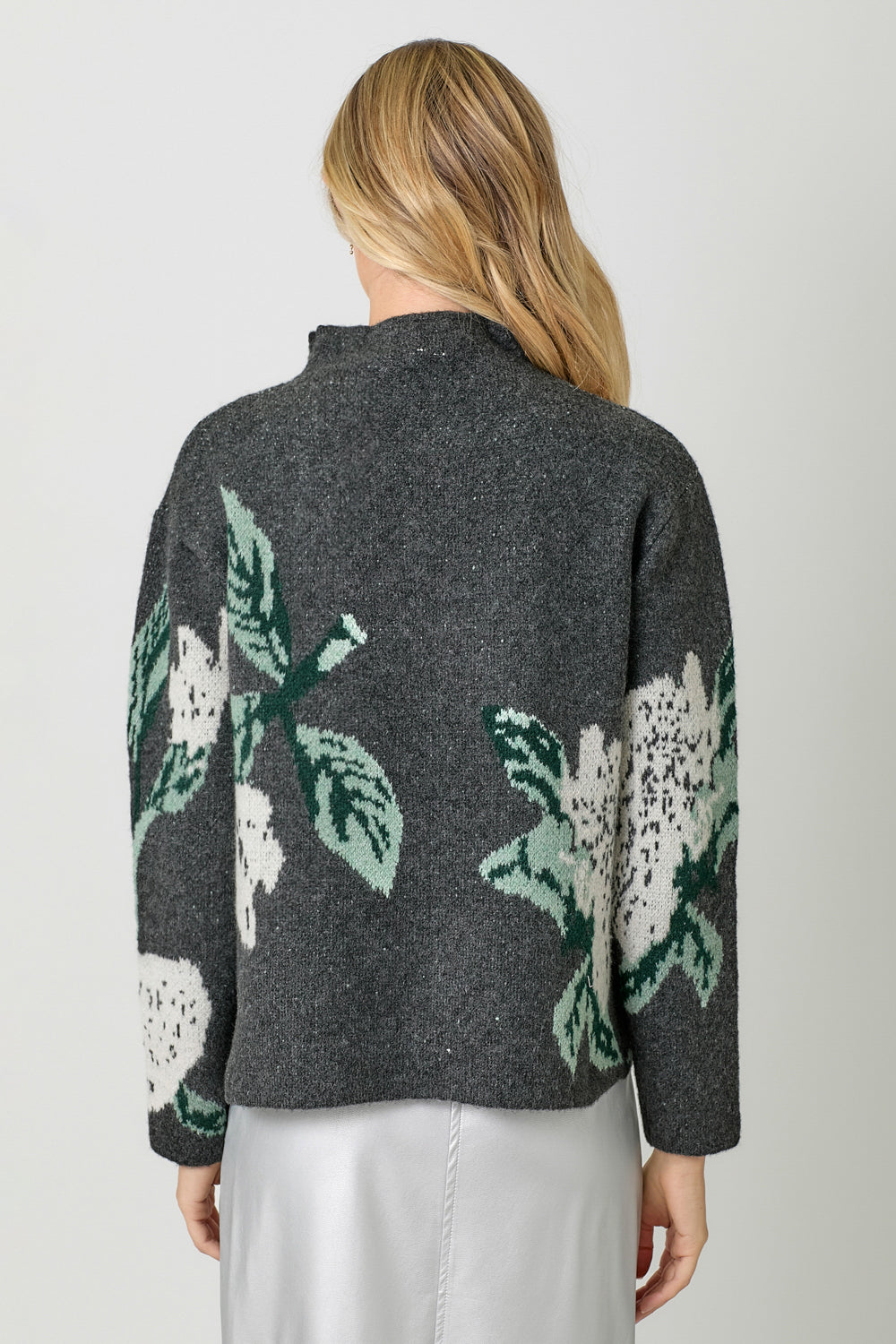 Oversize Floral Print Funnel Neck Sweater Charcoal