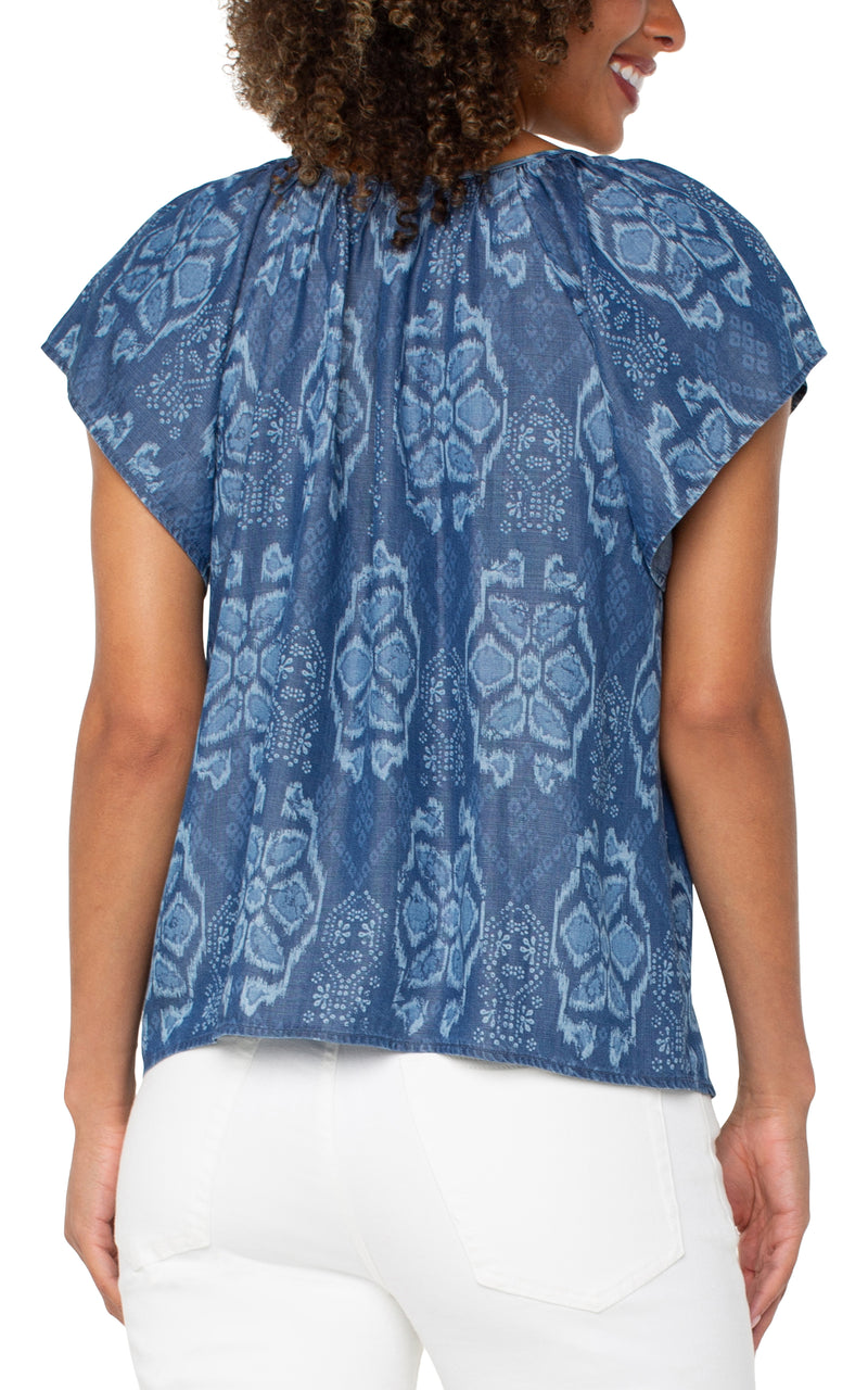 Front Tie Flutter Sleeve Woven Top Tribal Allover