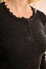 Lace Neckline Henley Sweater Top Black Vintage