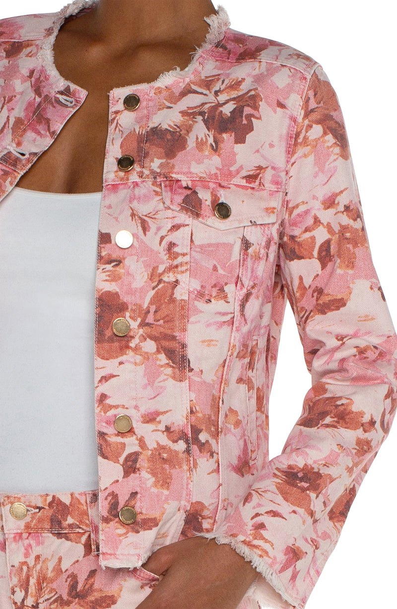 Fray Hem Classic Jean Jacket Pink Floral