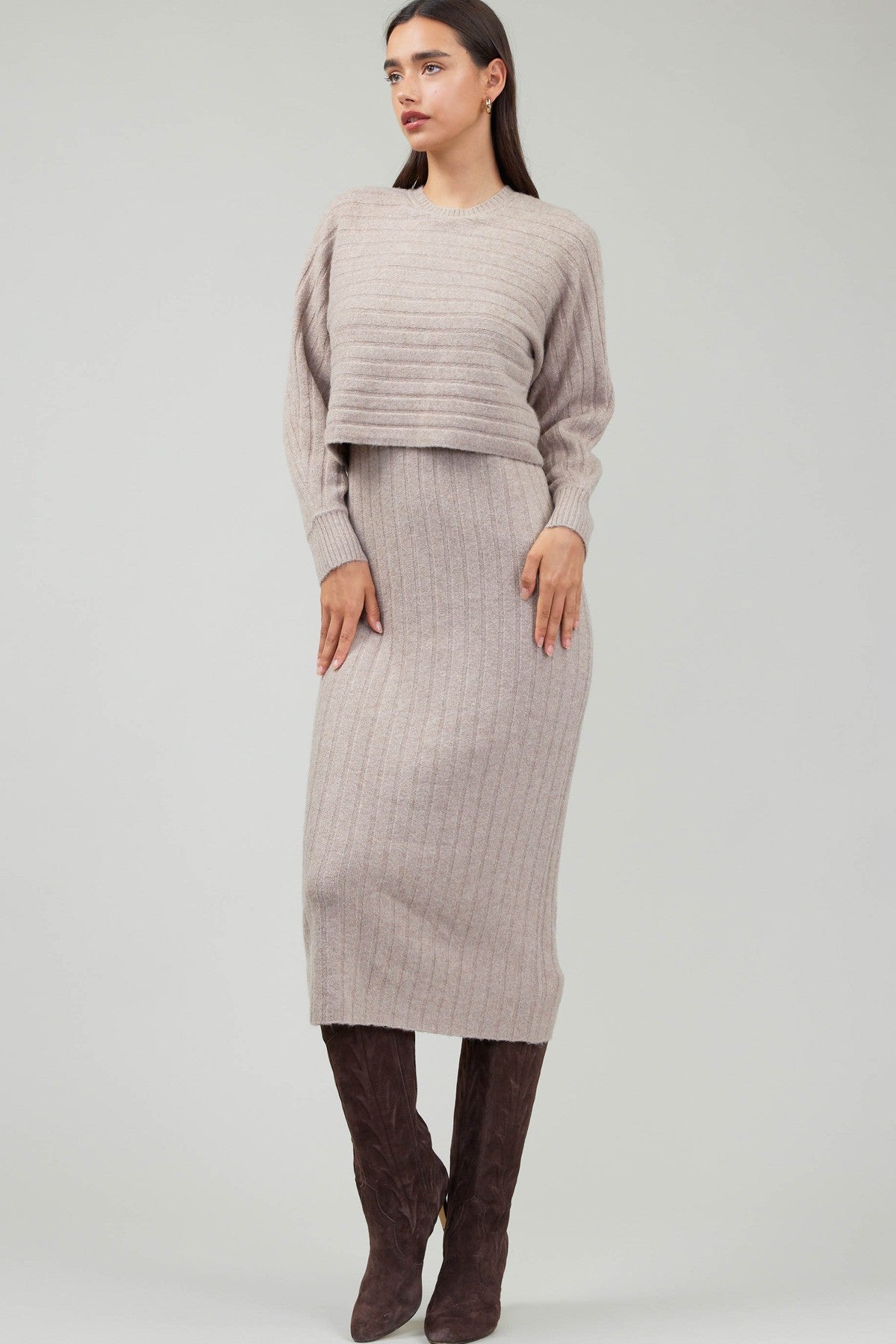 Textured Stripe Long Sleeve Popover Dress Oatmeal