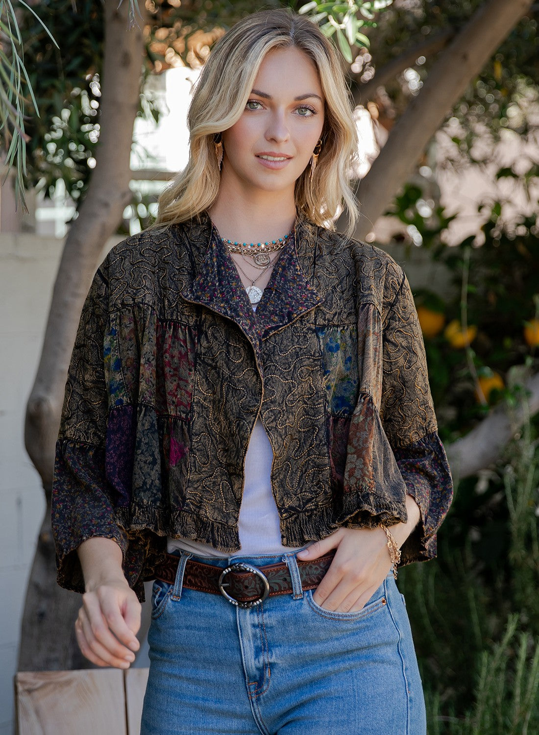Lapel Detail Cropped Top With Boho Embroider Amber