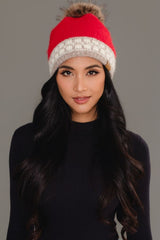Square Pattern Knit Pom Hat Red