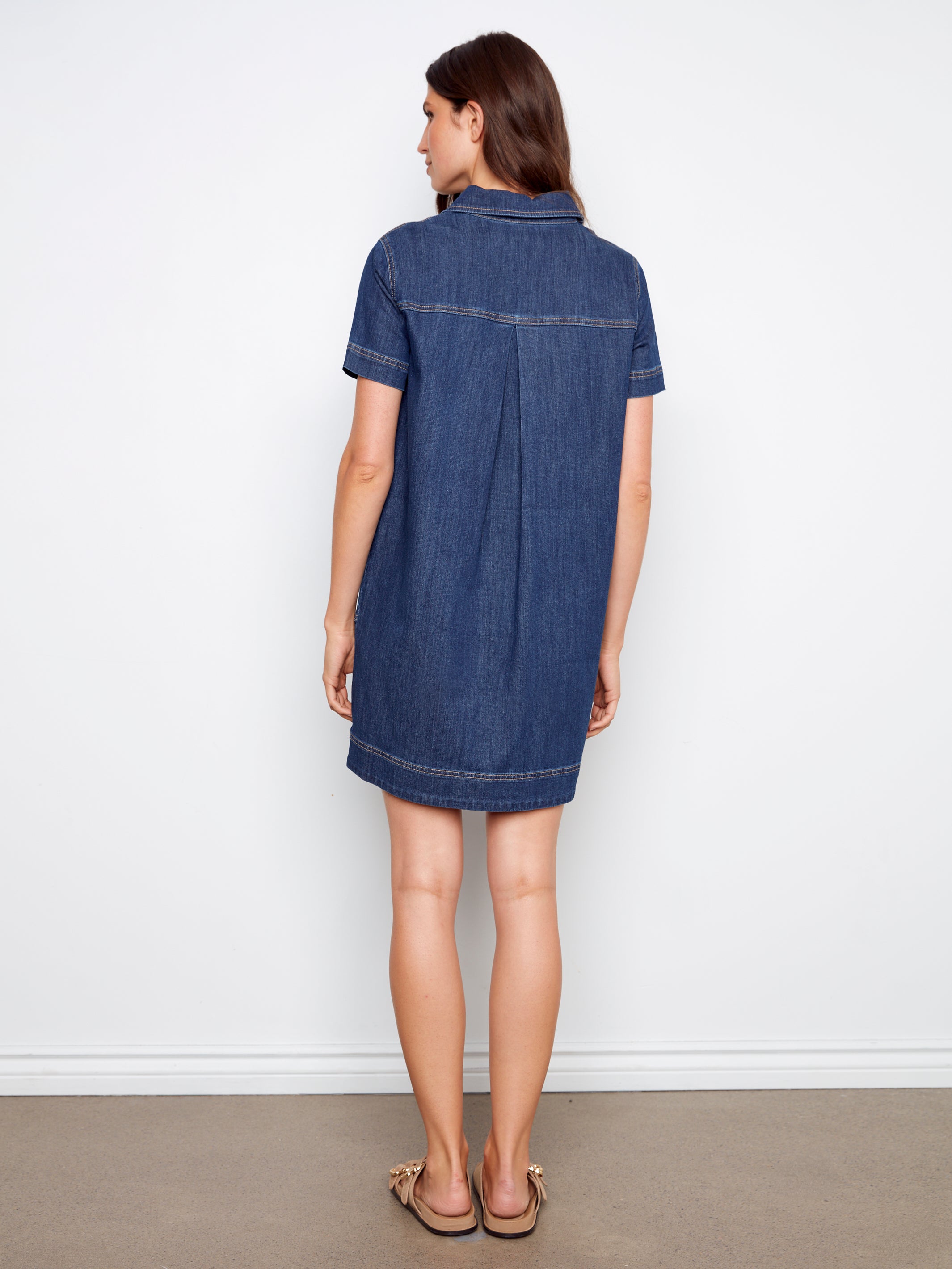 Denim Vneck Patch Pocket Dress Indigo