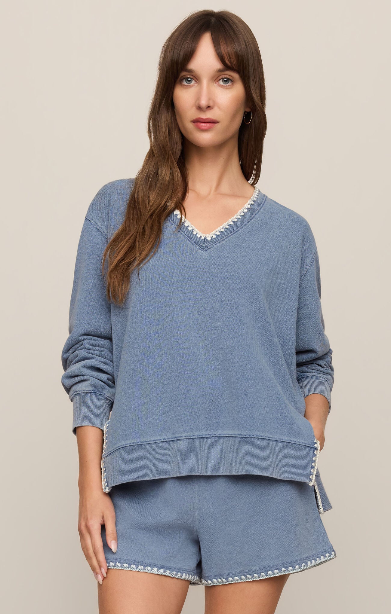 Cam Knit Denim Whipstitch Top Santorini Indigo