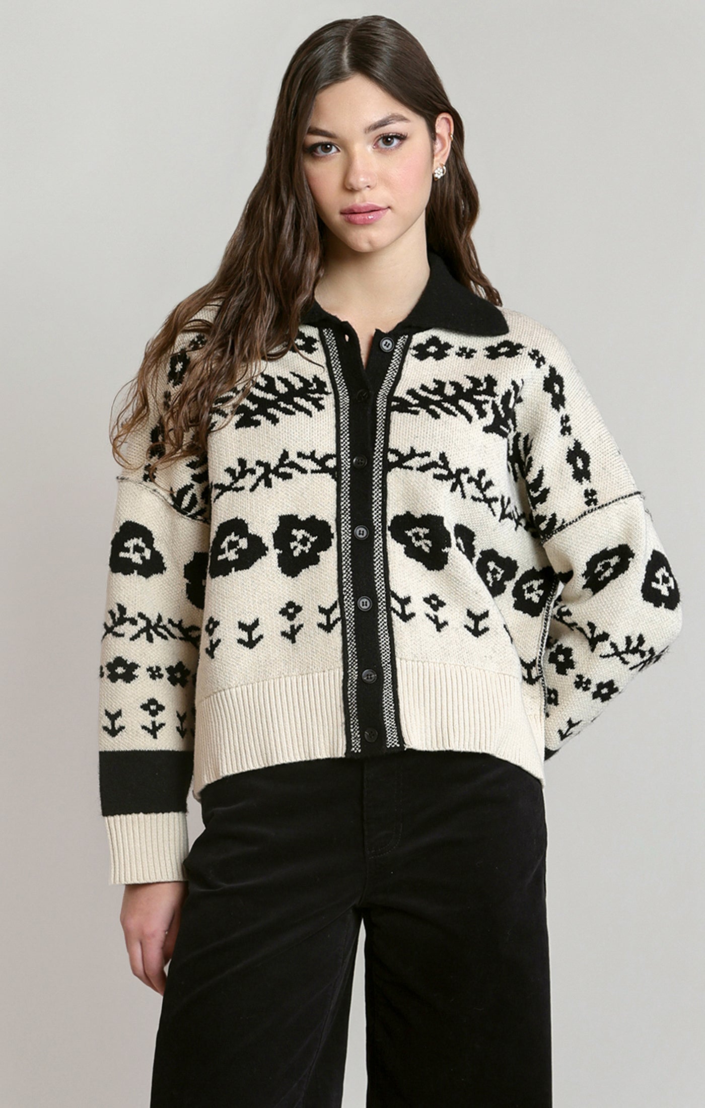 Floral Jacquard Buttoned Cardigan Ivory + Black