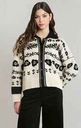Floral Jacquard Buttoned Cardigan Ivory + Black