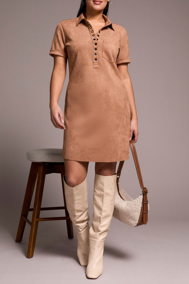 Grommet Detail Collared Suede Dress Almond Latte
