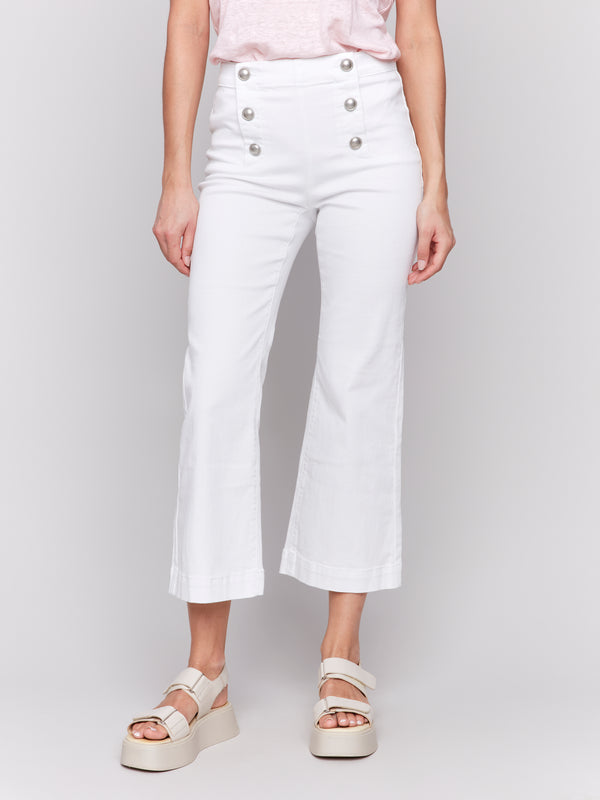 Front Button Pull On Flare Pants White