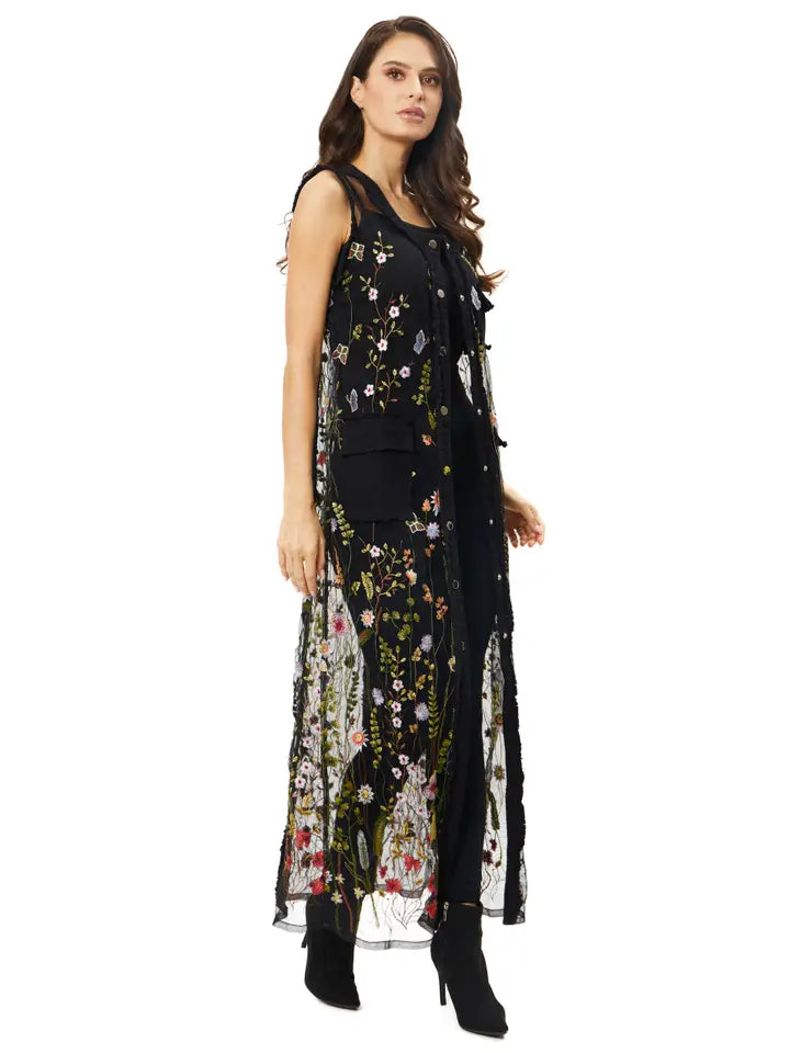 Bloom of Spring Embroidered Long Denim Duster Black