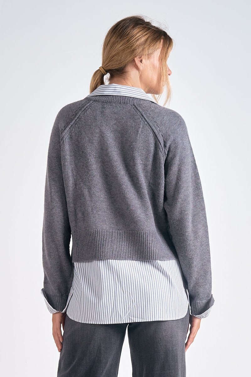 Two Fer Layered Collared Shirt Sweater Grey Black