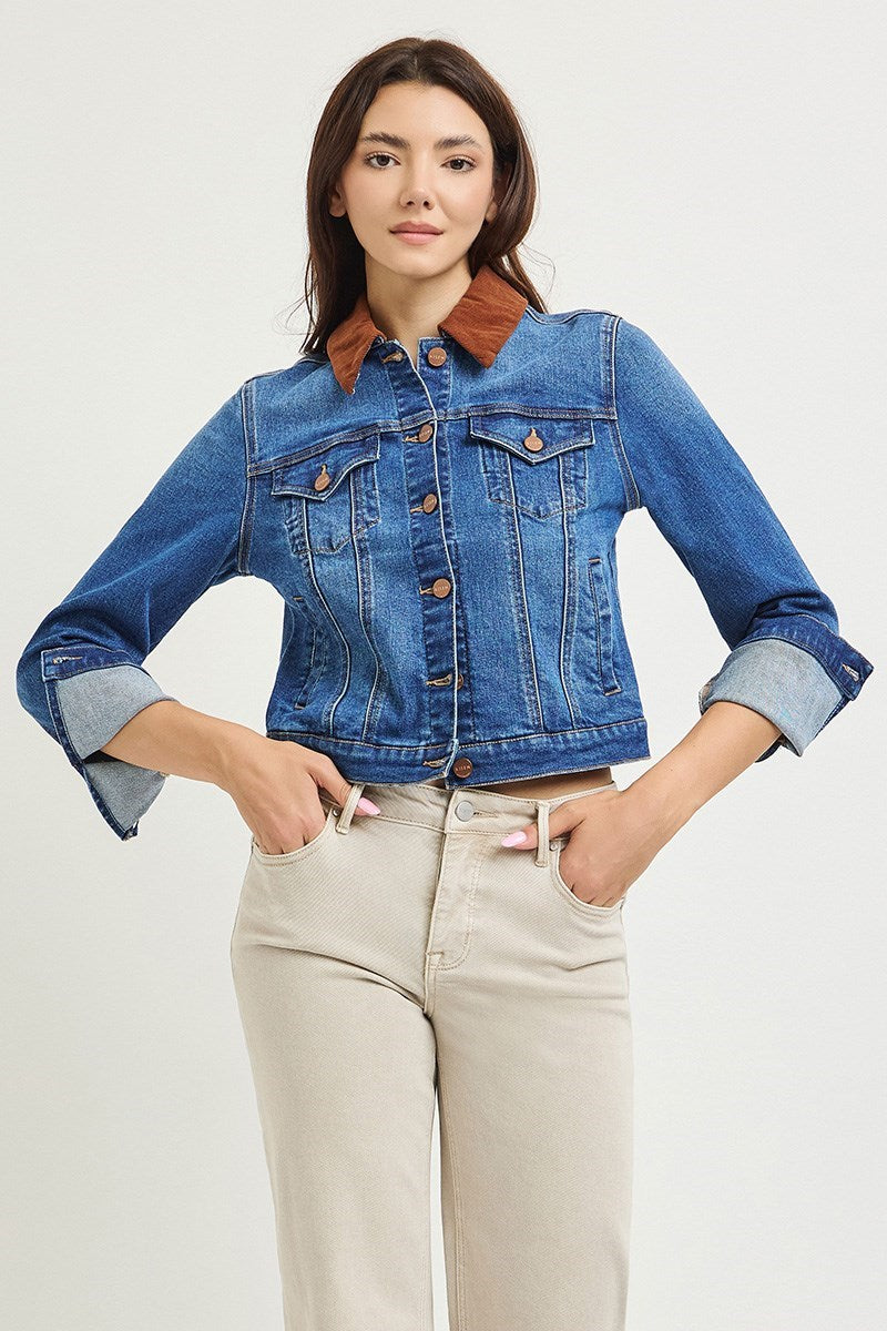 Corduroy Collar Denim Jacket Dark
