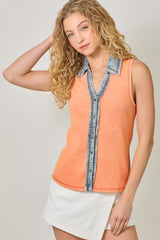 Washed Rib Thermal Contrast Button Down Tank Grapefruit
