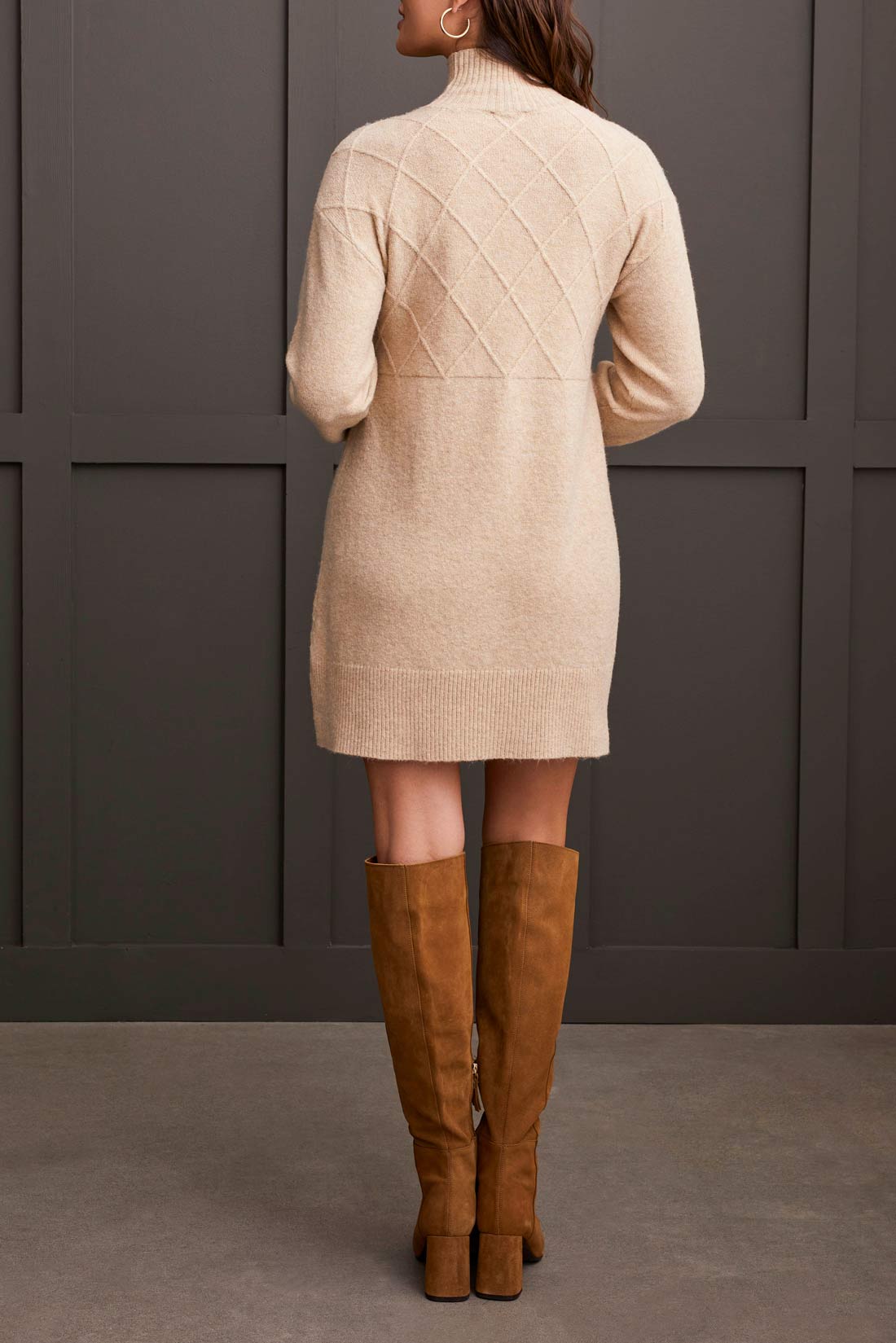 Diamond Block Knit Mock Neck Sweater Dress Oatmeal
