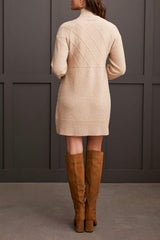 Diamond Block Knit Mock Neck Sweater Dress Oatmeal