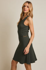 Round Neck Sleeveless Buckle Detail Mini Dress Dark Olive