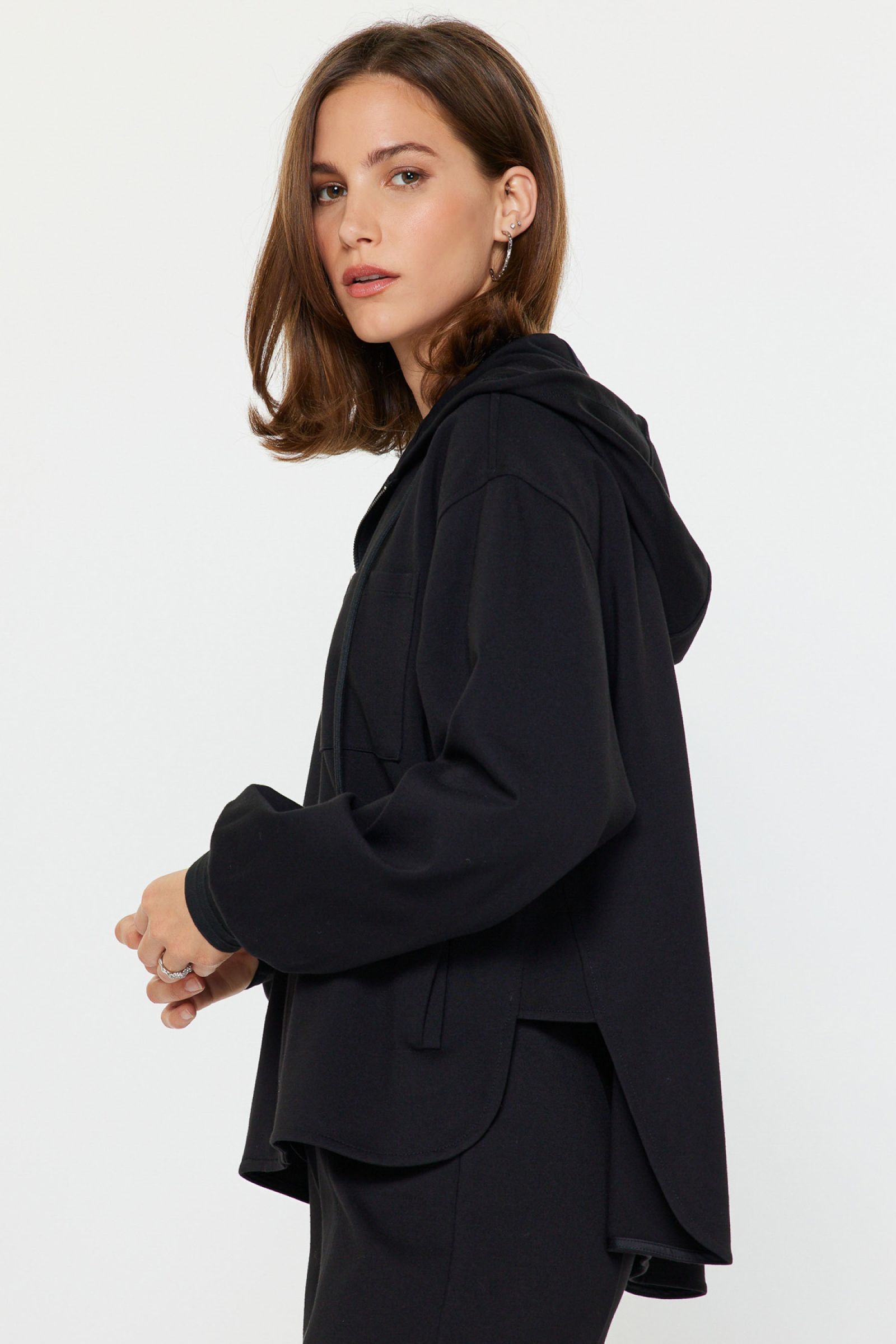 Adjustable Drawstring Hoodie Jacket Black