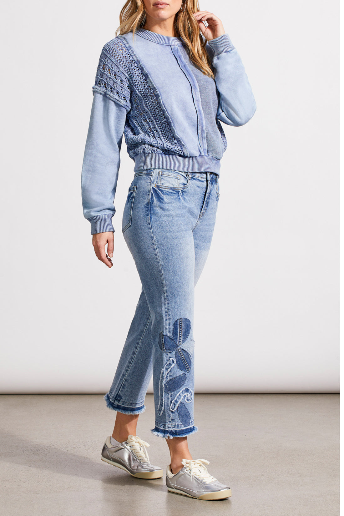 Mix Media Crochet Washed Raglan Pullover Light Blue Jay