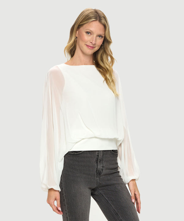 Chiffon Batwing Back Tie Banded Waist Top Ivory
