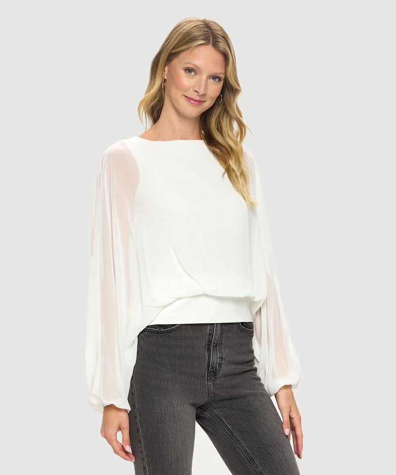 Chiffon Batwing Back Tie Banded Waist Top Ivory