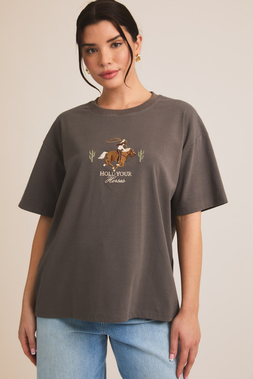 Embroidered Hold Your Horses Tee Charcoal