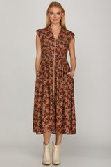 Vintage Poppy Floral Smocked Waist Zip Midi Dress Dusty Rose + Wine