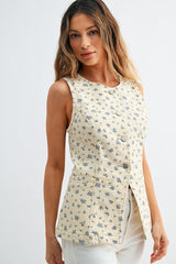 Tailored Denim Vest Flower Print