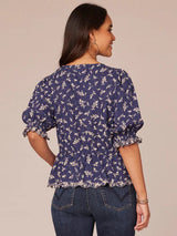 Peplum Printed Scallop Edge Embroidered Top Navy + Ivory