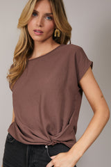 Twist Hem Short Sleeve Top Brown
