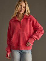 Cropped Funnel Neck 1/4 Zip Sweatshirt Red