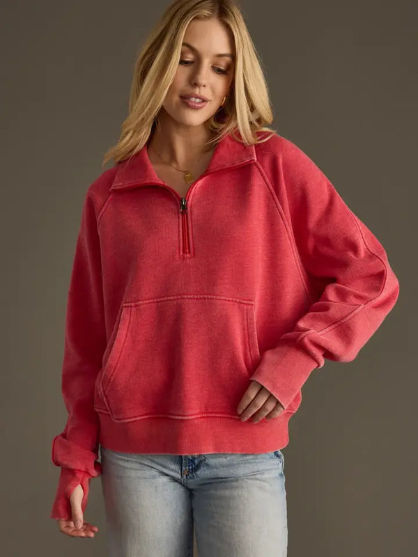 Cropped Funnel Neck 1/4 Zip Sweatshirt Red