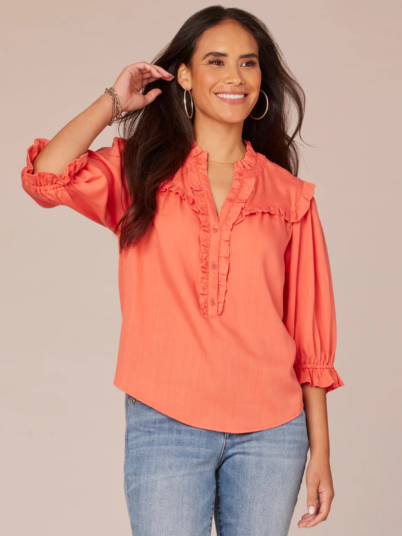 Lantern Sleeve Ruffle Edge Button Detail Shirt Coral