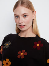 Embroidered Flowers Elbow Sleeve Sweater Black