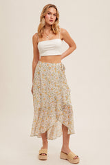 Ditsy Floral Side Tie High Low Chiffon Skirt Sage