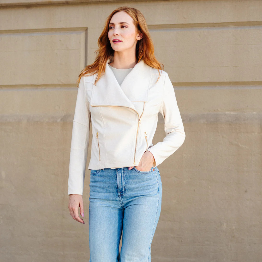 Cowl Neck Liquid Leather Moto Jacket Ivory