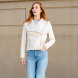 Cowl Neck Liquid Leather Moto Jacket Ivory