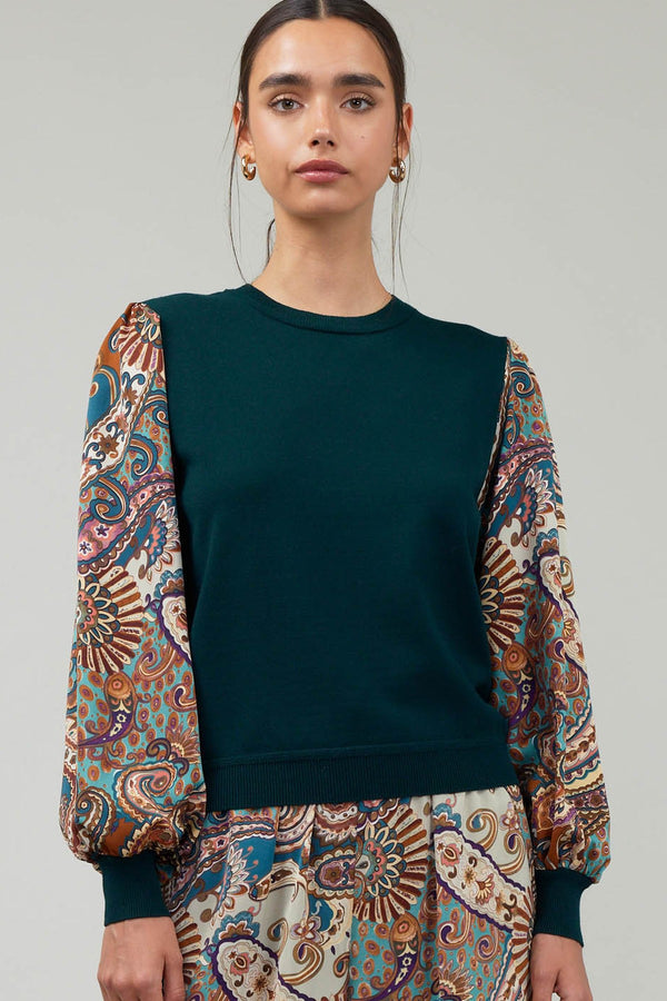 Paisley Printed Sleeve Sweater Top Green Multi