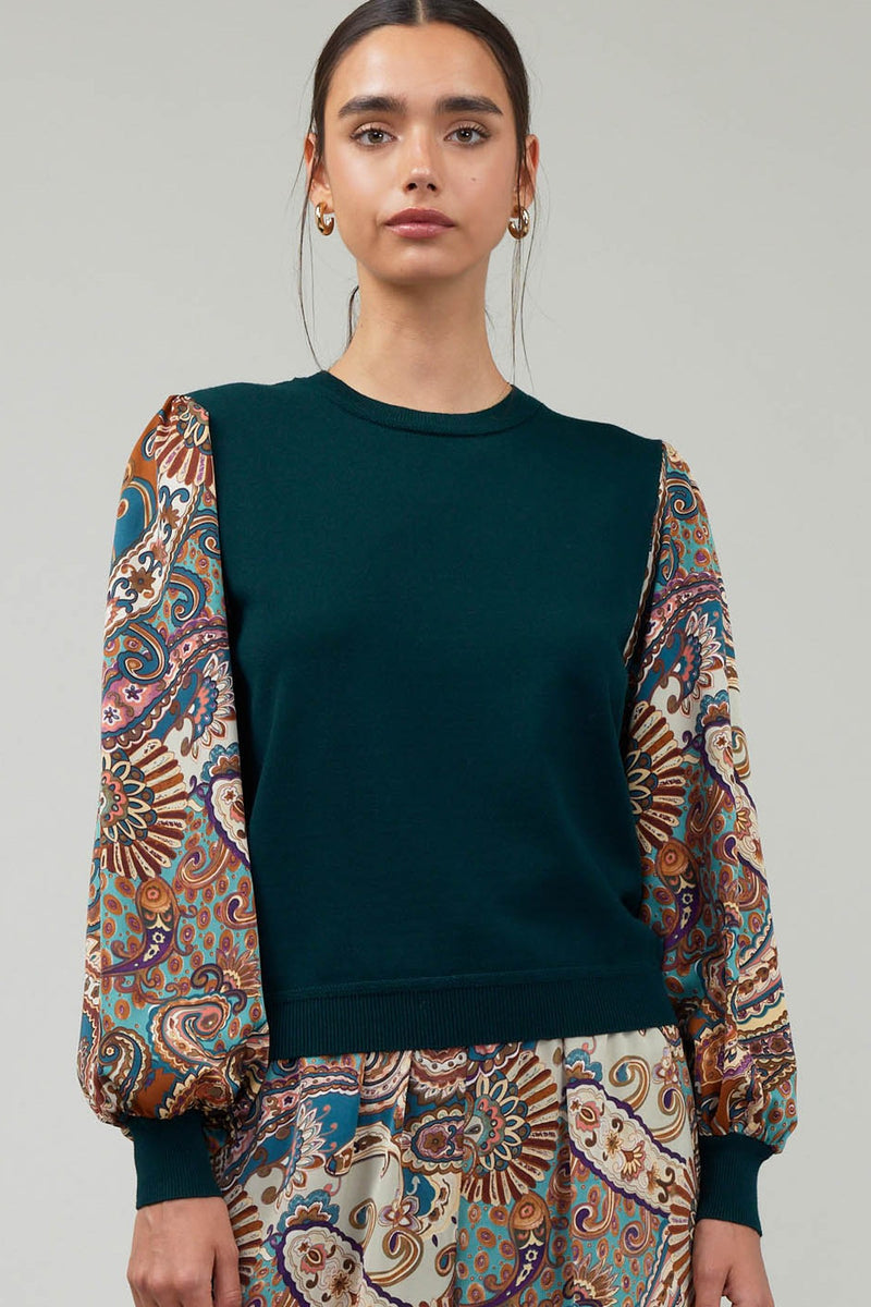 Paisley Printed Sleeve Sweater Top Green Multi