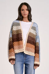 Open Knit Mix Stripe Cardi Neutral Multi