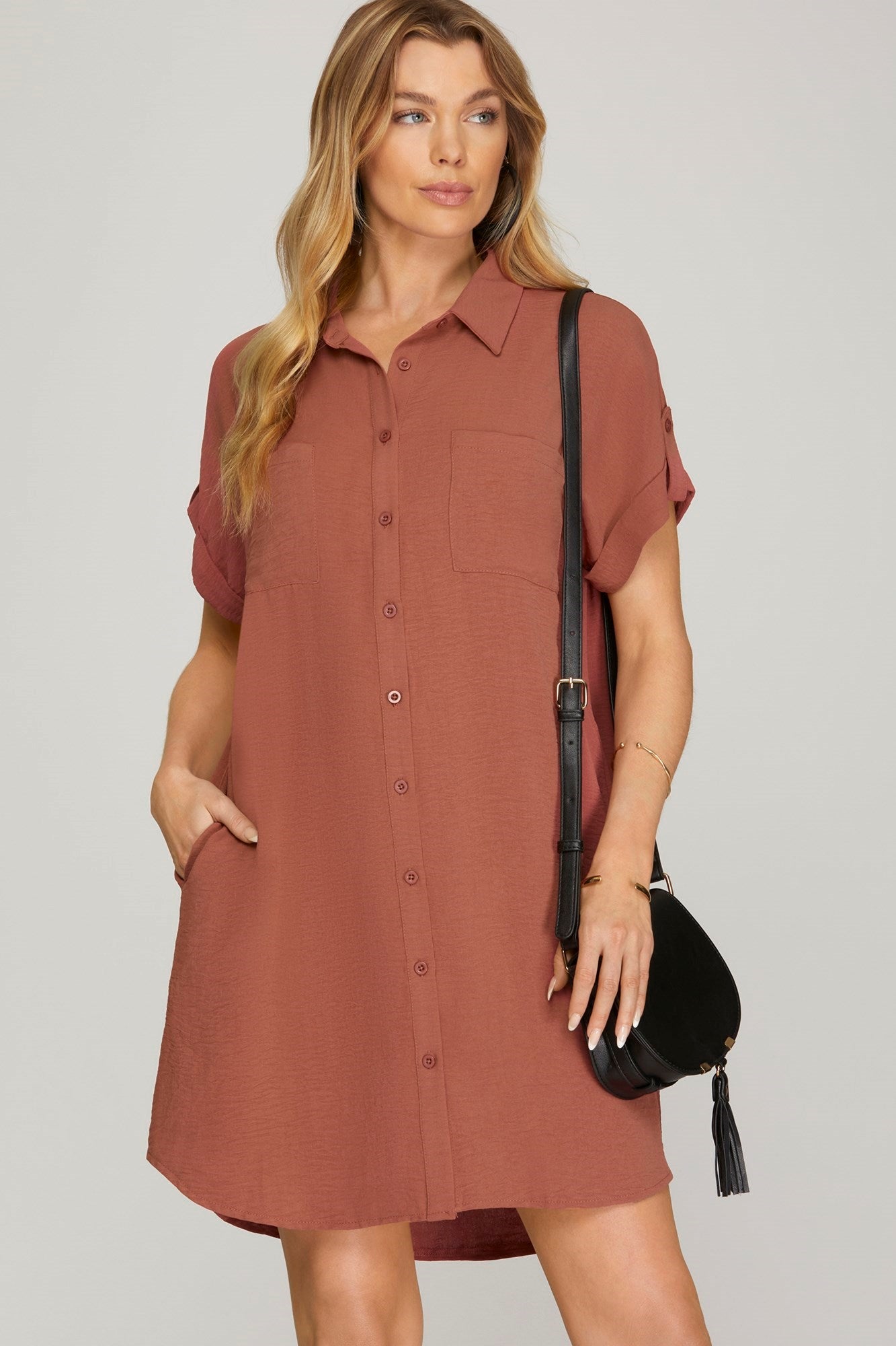 Drop Shoulder Button Up Woven Shirt Dress Cinnamon