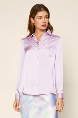 Satin Button Down Single Pocket Shirt Lavender