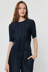 Crinkle Pleated 3/4 Satin Short Sleeve Top Navy