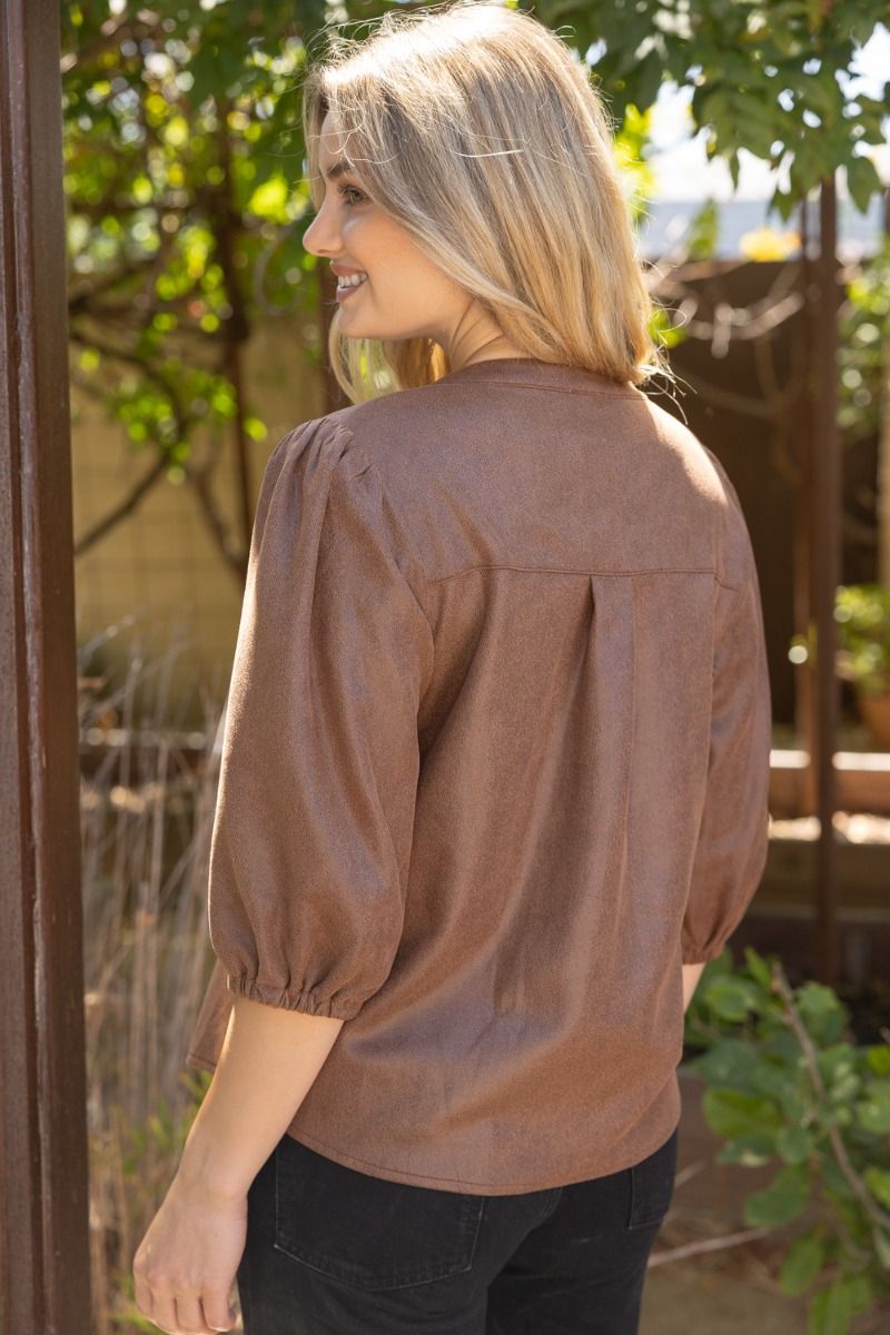 Covered Button Leather 3/4 Puff Sleeve Top Brown