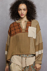 Oversized Balloon Sleeve Quilted Contrast Top Toasted Almond